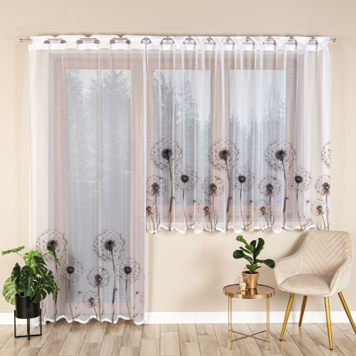 Długa gotowa firanka żakardowa z fabrycznymi otworami na drążek i kolorowym nadrukiem, rozmiar 140x240 cm, Dmuchawce