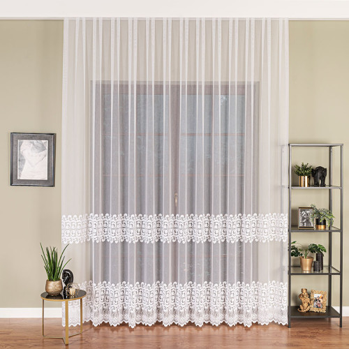 Długa mlecznobiała firana do salonu z dwoma pasami haftu, wysokość 280 cm - sprzedawana na metry