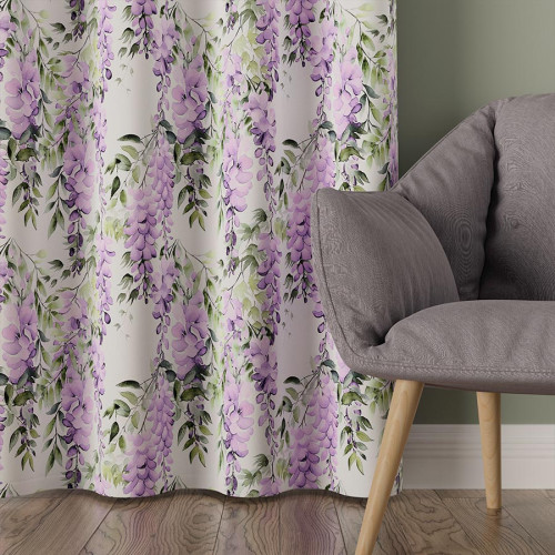 Welurowy materiał na zasłony, biały z kolorowym nadrukiem, szerokość 165 cm, Wisteria - sprzedawany na metry 