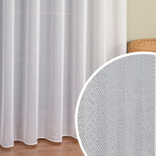 Firana do salonu z błyszczącej przędzy z ołowianką wysokość do 300 cm Biała Jodełka na taśmie  - szyta na wymiar