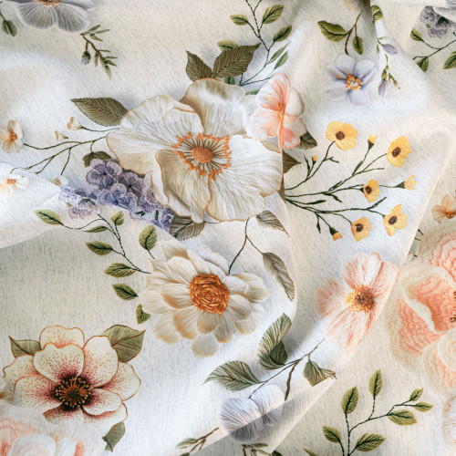 Wodoodporny materiał na obrusy lub zasłony z kolorowym nadrukiem 3D, szerokość 160 cm, Wyszywane kwiaty - sprzedawany na metry