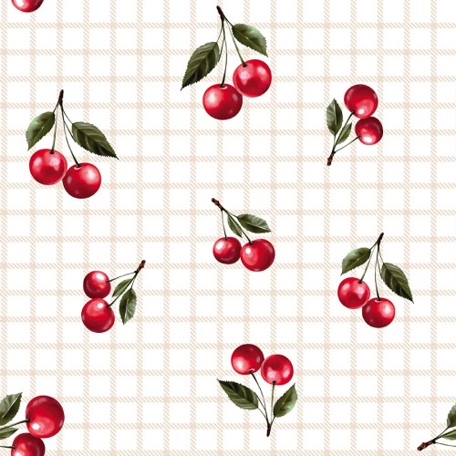 Wodoodporny materiał na obrusy lub zasłony, biały z kolorowym nadrukiem, szerokość 160 cm, Wisienki - sprzedawany na metry