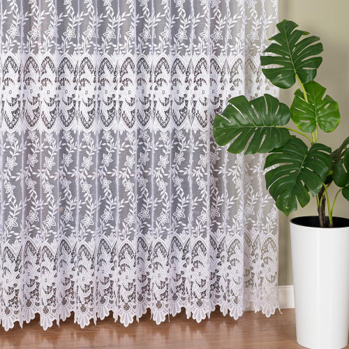 Długa firana żakardowa ze wzorem ażurowym po całości, kolor biały, wysokość 250 cm - sprzedawana na metry