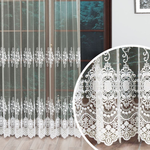 Kremowa firanka tiul na przelotkach z haftowanym roślinnym wzorem, wysokość do 230 cm - szyta na wymiar