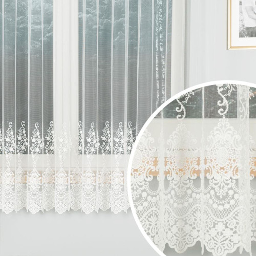 Firanka tiulowa na taśmie wave ze wzorem na samym dole, kolor kremowy, wysokość do 180 cm - szyta na wymiar