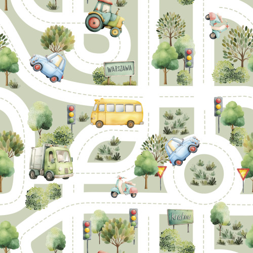 Materiał na zasłony do pokoju dziecięcego Ulice, szerokość 165 cm, kolor szałwiowy - sprzedawana na metry