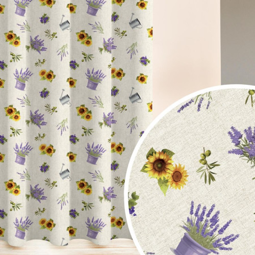 Wodoodporny materiał na zasłony lub obrusy kolorowy nadruk szerokość 135 cm Słoneczniki z Lawendą - sprzedawany na metry