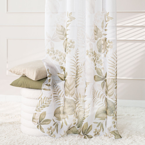 Długa firana, etamina z ołowianką, z drukowanym wzorem roślinnym, wysokość 295 cm, Ligiero -  sprzedawana na metry