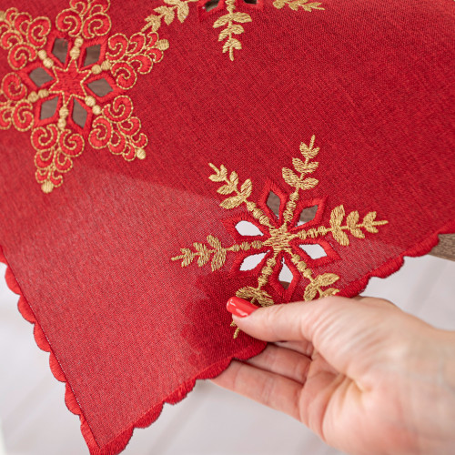 Serweta z haftowanym złotą nicią motywem świątecznym, kolor czerwony, rozmiar 85x85 cm, Błyszczące Śnieżynki