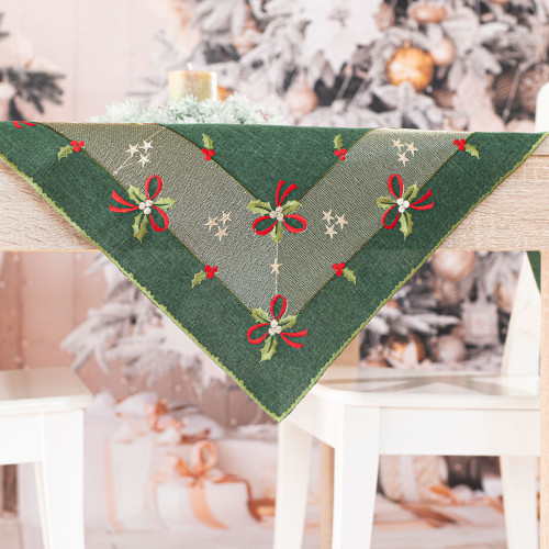 Serweta z haftowanym motywem świątecznym, w tonacji zielonej, rozmiar 85x85 cm, Świąteczne kokardy