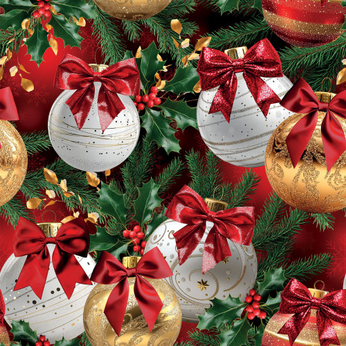 Wodoodporny materiał na zasłony lub obrusy ze świątecznym nadrukiem na czerwonym tle, szerokość 160 cm, Bombki ze złotym - sprzedawany na metry