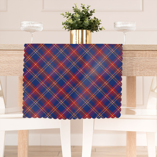 Wodoodporny materiał na zasłony lub obrusy, z nadrukiem kraty w tonacji niebiesko-czerwonej, szerokość 160 cm, Tiga - sprzedawany na metry