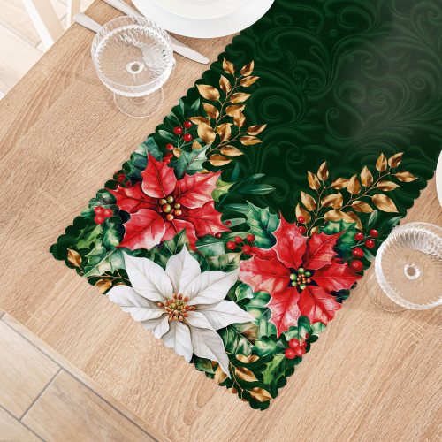 Bieżnik z tkaniny wodoodpornej ze świątecznym nadrukiem w tonacji ciemnozielonej, rozmiar 38x160 cm, Gwiazda Betlejemska