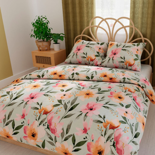 Komplet pościeli z bawełny satynowej z dwustronnym nadrukiem barwnych kwiatów, dwa rozmiary, Floralis