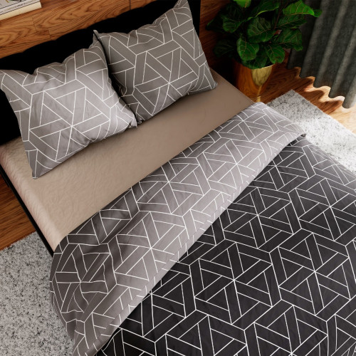 Komplet pościeli z bawełny satynowej w tonacji szaro-czarnej z geometrycznym wzorem, dwa rozmiary, Zafira