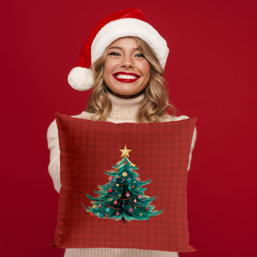 Welwetowa poszewka dekoracyjna ze świątecznym nadrukiem, rozmiar 40x40 cm, Kratka z Choinką-Bajkowe Święta