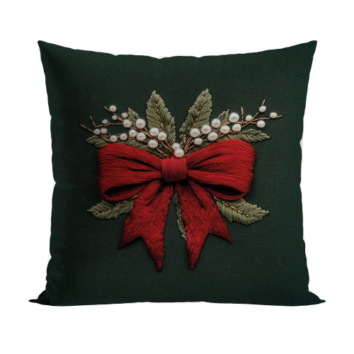 Welwetowa poszewka dekoracyjna 40x40 cm z czerwonym motywem kokardy i efektem wyszywania – kolekcja świąteczna, produkt polski