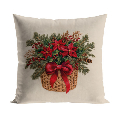 Welwetowa poszewka dekoracyjna 40x40 cm z motywem świątecznego bukietu w koszyku z czerwonymi kokardami i efektem wyszywania – produkt polski