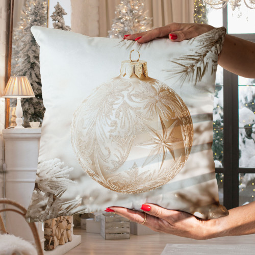 Welwetowa poszewka dekoracyjna, świąteczny nadruk w kolorze beżowo-złotym 3D, rozmiar 40x40 cm, Złota bombka