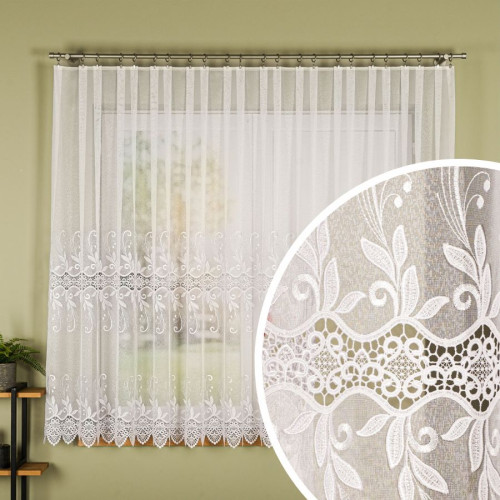 Krótka firanka do salonu z aplikacją dostępna w dwóch wysokościach - sprzedawana na metry