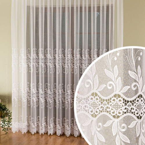 Firanka z aplikacją wysokość 250 cm kolor biały - oferowana w metrażu