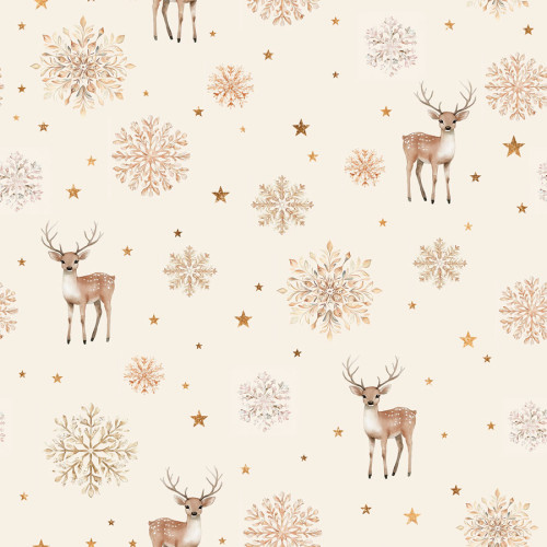 Wodoodporny materiał na zasłony lub obrusy,  kolor beżowy ze świątecznym nadrukiem,  szerokość 160 cm, Jelonki-Zimowa opowieść - sprzedawany na metry