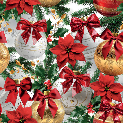 Wodoodporny materiał na zasłony lub obrusy ze świątecznym nadrukiem, szerokość 160 cm, Bombki ze złotym - sprzedawany na metry