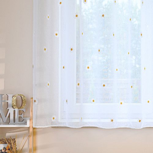 Firanka do salonu na przelotkach, haftowane stokrotki Bellis, rozmiar 300x160 cm 