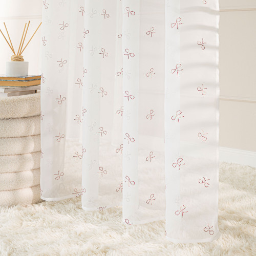 Firana do salonu na przelotkach woal w diamentowe czerwone kokardki wstążki Ribbon 140x250 cm