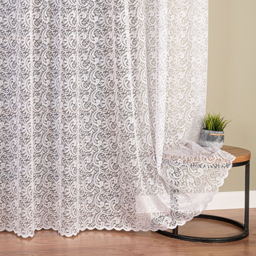 Długa firana żakardowa ze wzorem ornamentowym po całości, na taśmie wave, kolor biały, wysokość do 240 cm - szyta na wymiar