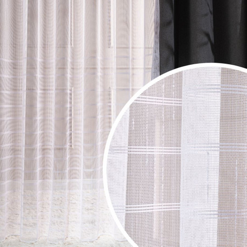 Długa firana do salonu do szyny sufitowej wzór deszczyk z poziomymi pasami i ołowianką Calypso - szyta na wymiar