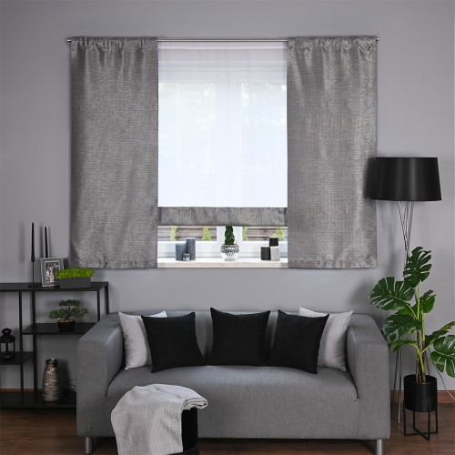 Panel firanowy z woalu ozdobiony szarym pasem, rozmiar 140x130 cm