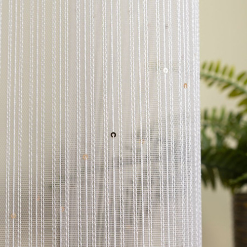 Długa biała firana z ołowianką do salonu, ozdobiona złotymi cekinami, na przelotkach, wysokość do 280 cm, Eleni - szyta na wymiar