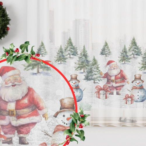 Firanka woalowa uszyta na taśmie z ołowianką, kolor biały z nadrukiem świątecznym, Mikołaj - szyta na wymiar
