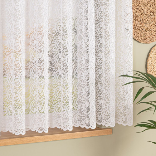 Krótka firana żakardowa ze wzorem ornamentowym po całości, kolor biały, oferowana w dwóch wysokościach - sprzedawana na metry