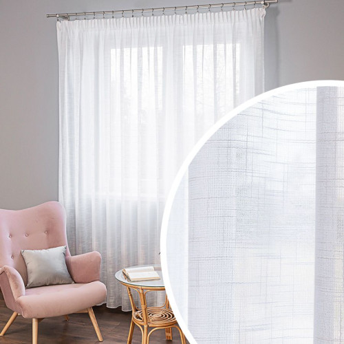 Firanka typu len na taśmie marszczącej, kolor biały z połyskiem - szyta na wymiar