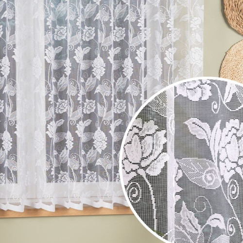 Krótka firanka żakardowa do salonu ze wzorem wijących się róż, kolor biały, wysokość 160 cm, Nola - sprzedawana na metry