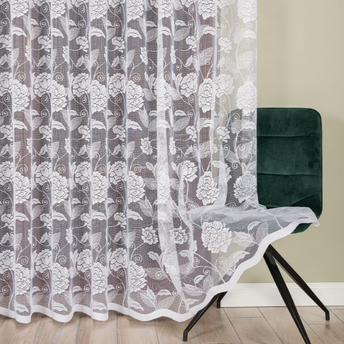 Długa firana gotowa żakardowa do salonu ze wzorem wijących się róż, cm, kolor biały, oferowana w dwóch rozmiarach, Nola
