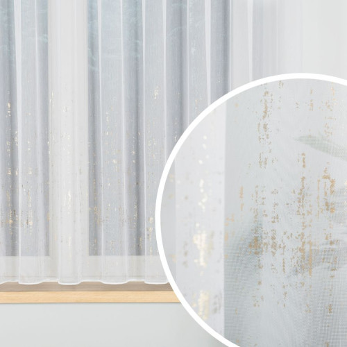 Biała firanka ze złotym zdobieniem, zakończona na dole ołowianką, 318093, wysokość  155 cm - sprzedawana na metry