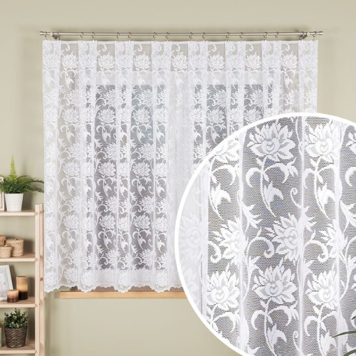 Gotowa krótka firanka żakardowa z kwiatowym wzorem po całości, kolor biały, oferowana w kilku rozmiarach