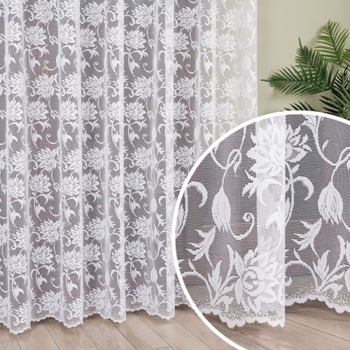 Gotowa długa firana żakardowa z kwiatowym wzorem po całości, kolor biały, oferowana w kilku rozmiarach