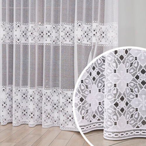 Długa firana żakardowa ze wzorem pasowym do sypialni, kolor biały, oferowana w wysokościach: 250 i 300 cm, 358700 - sprzedawana na metry