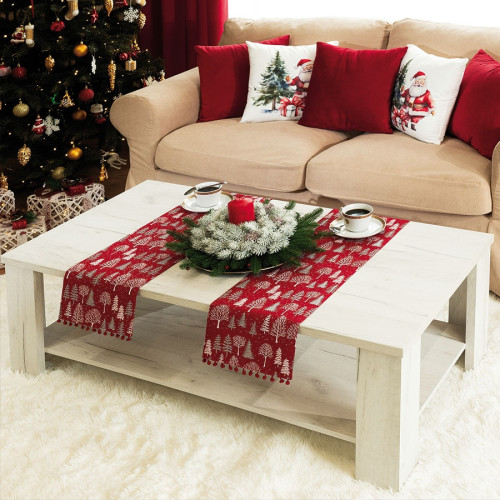 Bieżnik bożonarodzeniowy, drukowany w kolorze czerwonym z brokatem i pomponami, oferowany w trzech rozmiarach, Zimowa Magia