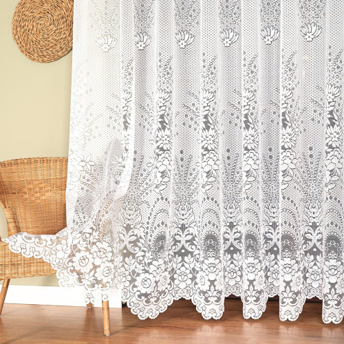 Długa firanka żakardowa do salonu, kwiatowy wzór po całości, kolor biały, oferowana w kilku wysokościach, Ela - sprzedawana na metry