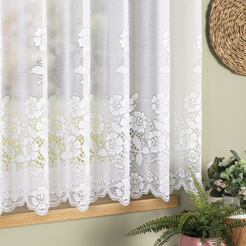 Krótka firanka żakardowa z kwiatowym wzorem pasowym, kolor biały, wysokość 160 cm - sprzedawana na metry