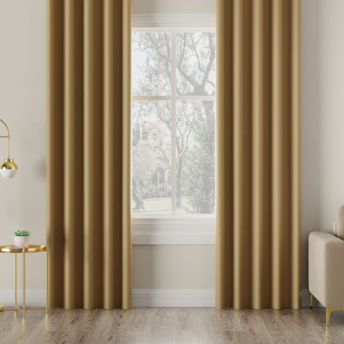 Zasłona do salonu z tkaniny zaciemniającej typu blackout na taśmie, kolor ciemny ciepły beżowy, Dona - szyta na wymiar