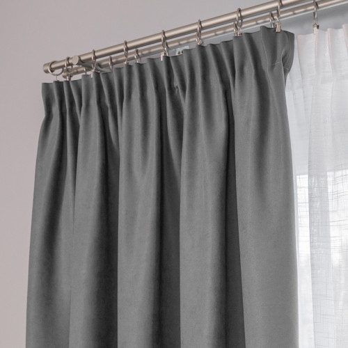 Ciemnoszara zasłona gotowa na taśmie o strukturze płótna, rozmiar 140x250 cm
