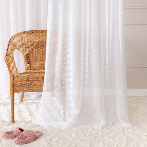 Długa gotowa firanka do salonu na taśmie marszczącej, kolor biały, dwa rozmiary, Białe Groszki