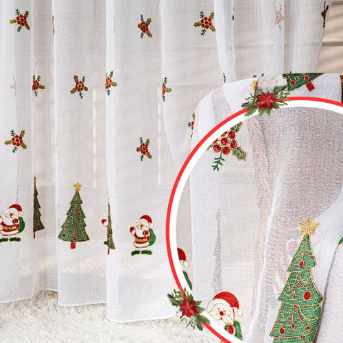 Biała firana świąteczna z etaminy z haftem choinek i Mikołaja, wysokość 290 cm, ołowianka, na metry ze zbliżeniem wzoru
