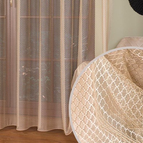 Beżowa firanka SIATKA z geometrycznym wzorem, wysokość 300 cm, nowoczesny styl, zbliżenie wzoru